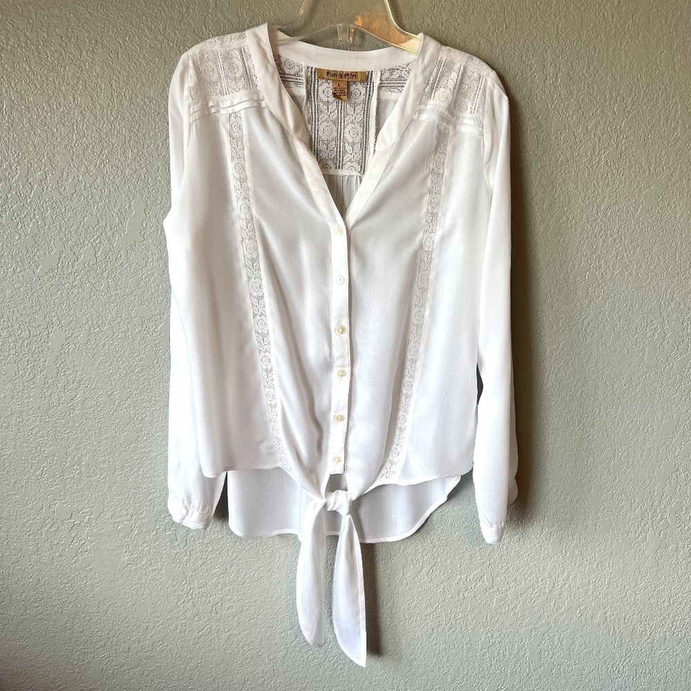 Fun and Flirt tie front button down with lace details